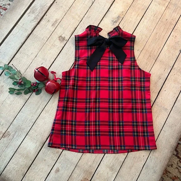 J.Crew Red Tartan Plaid Ruffleneck, bow back top - Picture 3 of 7